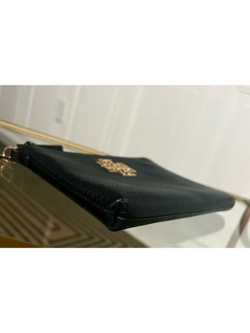 Tory Burch Britten Large Pebbled Leather Zip Pouch Wristlet - Black & Gold